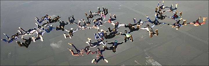 40-way panoramic view of skydiving formation 